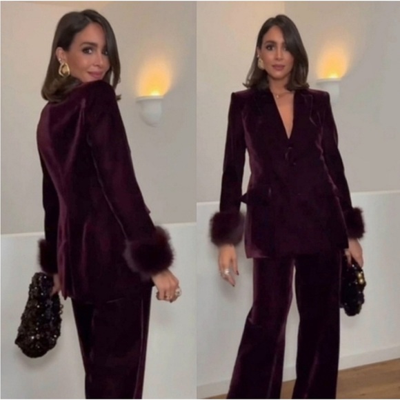ZARA VELVET BLAZER WITH FAUX FUR CUFFS - Picture 6 of 11